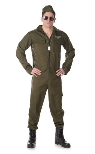 Fighter Pilot Adult. This polyester costume includes an army green jumpsuit with a patch and matching hat and black sunglasses. Boots not included. Available in adult sizes Small, Medium, Large, and X Large.