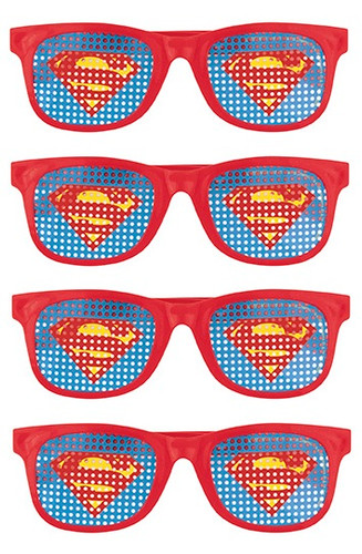Superman Novelty Glasses. These red plastic frames have lenses featuring the Superman "S" emblem. Package includes 4 count glasses. One size fits most children.