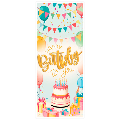 Happy Birthday to You Plastic Doorcover. This festive doorcover features a pastel color scheme with balloons, pennants, and presents framed around a layered cake with pink frosting and lit candles with the gold text "HAPPY Birthday to you" above in a combination of capital and script lettering. Measures 30in x 6ft.