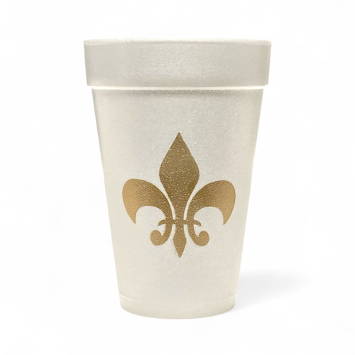 Gold Fleur de Lis Styrofoam Cups. 16 oz white Styrofoam Cups, featuring a gold fleur de lis. Each sleeve includes 25 durable cups, perfect for hot or cold drinks at your tailgate or parade.