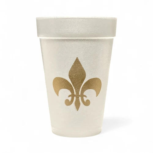 Gold Fleur de Lis Styrofoam Cups. White Styrofoam Cups, featuring a gold fleur de lis. Each sleeve includes 25 durable cups, perfect for hot or cold drinks at your tailgate or parade. Available in 16oz and 20oz.