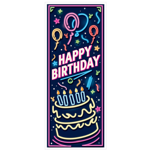 Neon Happy Birthday Plastic Doorcover! This printed plastic rectangular doorcover has bright colorful outlines of balloons, stars, confetti, and a cake with the text "HAPPY BIRTHDAY" in white with a pink shadow, all on a dark background. Measures 30in x 6ft.
