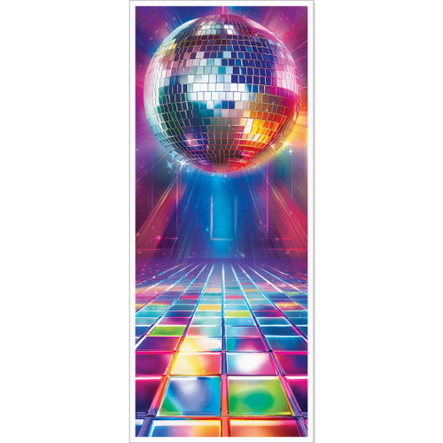 Disco Plastic Doorcover. This rectangular plastic doorcover has a print of a rainbow colored dance floor with a large disco ball hovering at the top. Measures 30in x 6ft.