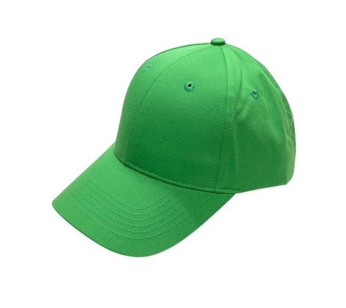 Green Baseball Cap. This hat features a classic baseball cap design made of green twill fabric with a Velcro adjuster in the back. One size fits most.