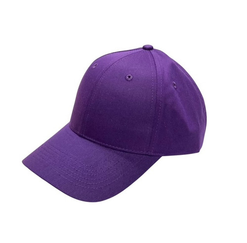 Purple Baseball Cap. This hat features a classic baseball cap design made of purple twill fabric with a Velcro adjuster in the back. One size fits most.