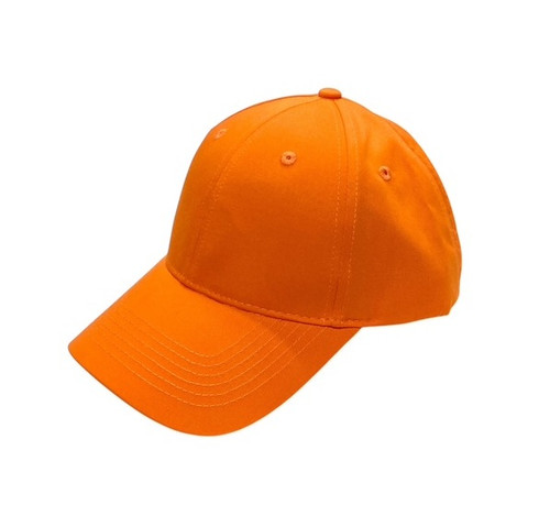Orange Baseball Cap. This hat features a classic baseball cap design made of orange twill fabric with a Velcro adjuster in the back. One size fits most.