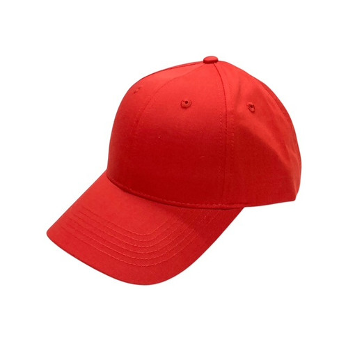 Red Baseball Cap. This hat features a classic baseball cap design made of red twill fabric with a Velcro adjuster in the back. One size fits most.