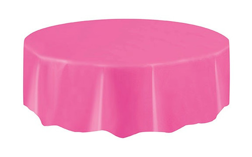 Hot Pink Round Plastic Tablecover. This round cover features a bright pink color. Wonderful for holidays, birthdays, and more! Measures 84in in diameter.