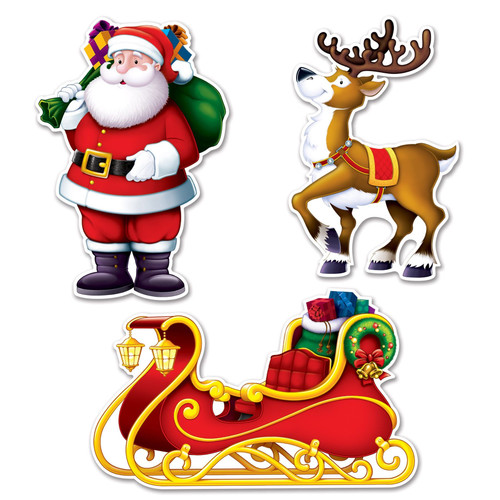 Santa Sleigh & Reindeer Cutouts. These colorful cardstock cutouts feature images of Santa holding a green sack full of presents, a smiling reindeer, and a red sleigh with presents, all in a cartoony style. They are printed on both sides, with a glossy finish on one side. Package includes 3 count cutouts ranging from 8in - 15.25in.
