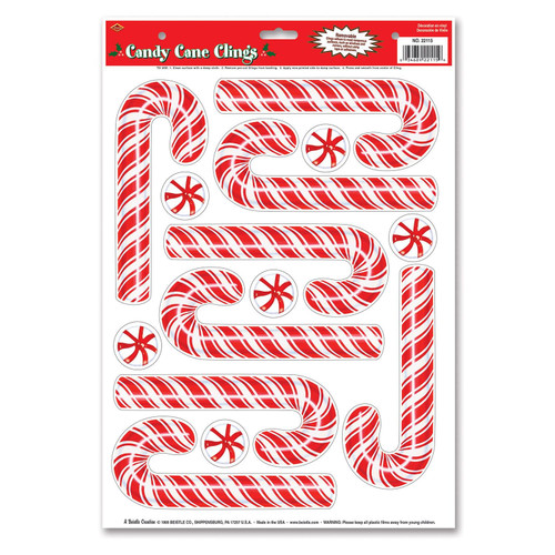 Candy Cane Cling Decals. These peel and stick decorations feature 8 count candy canes and 6 count peppermints. Decal sheet measures 17in x 12in.
