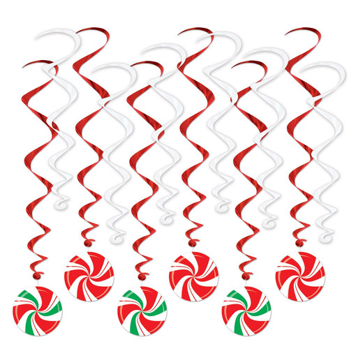 Peppermint Whirls. This set includes white foil whirls and red foil whirls with attached peppermint cutouts in both red and white and red, green, and white. Package includes 12 whirls, 6 plain white whirls measuring 17.5in, 6 red whirls with cutouts measuring 33.5in.