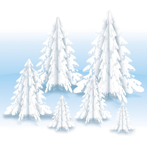 3-D Clear Plastic Trees Centerpieces. This set includes multiple clear plastic pine trees of different sizes with prints of snow in a dimensional design. Assembly required. Package includes 6 count decorations ranging from 4in - 12.5in.