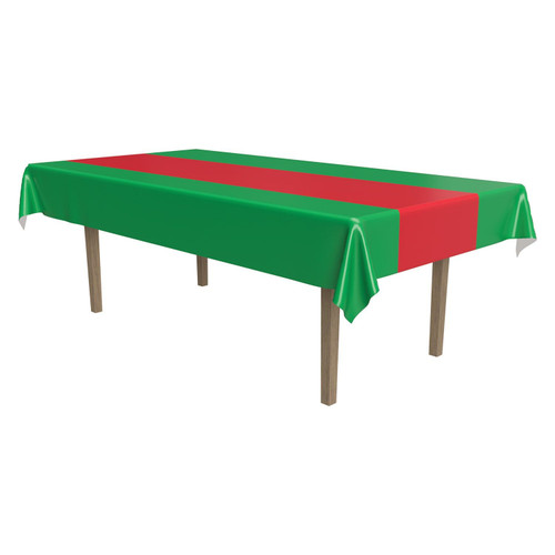 Red and Green Plastic Tablecover. This rectangular plastic tablecover is green with a large section of red in the middle. Measures 54in x 108in.