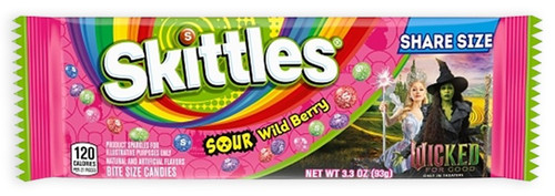 Wicked Sour Wild Berry Skittles. These colorful sour skittles include the flavors berry punch, strawberry, melon berry, wild cherry, and raspberry. The pink and green packaging features a rainbow and Glinda and Elphaba.  Net WT 3.3 oz.