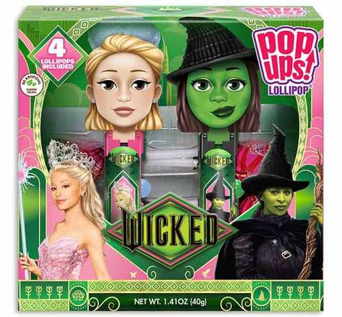 This playful set features two pop-up containers with the heads of Glinda and Elphaba that keep your lollipop safe and clean between bites. Each set comes with 4 lollipops in assorted fruity flavors. Net WT 1.41oz.
