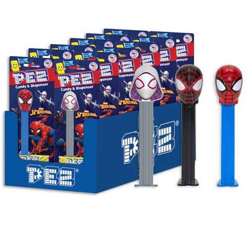 Spider-Man Pez Dispenser. Featuring characters from different universes, color schemes of red and blue, red and black, and white and pink and silver are available. Each dispenser comes with 3 rolls of fruity PEZ candy in a variety of flavors, perfect for on-the-go treats or adding to a PEZ collection. Desired character not guaranteed. Package includes 1 pez dispenser. Net WT .87oz.