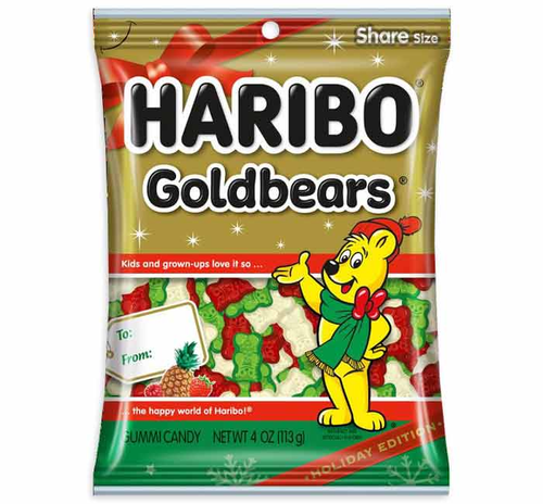 Holiday Haribo Goldbears Gummies. These classic chewy bear shaped candies feature Pineapple, Raspberry, and Strawberry flavors, all in clear, red, and green. Net WT 4oz.