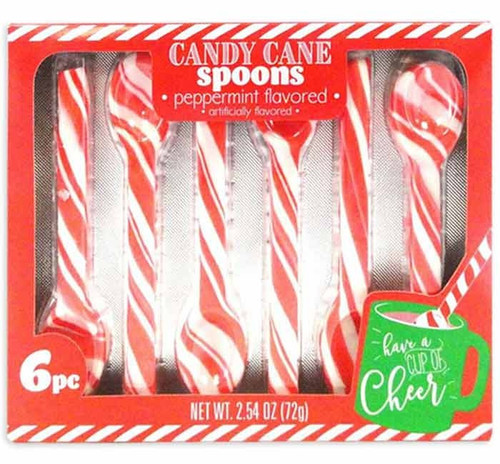 Peppermint Candy Spoons. These red and white peppermint flavored spoon shaped candies measure about 4.5in long, and are great for stirring and melting in hot cocoa. Package includes 6 count candy spoons. Net WT 2.54oz.
