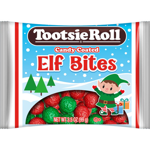 Tootsie Roll Candy Coated Elf Bites. These round Tootsie Roll candies are coated in red and green. Net WT 3.5oz.