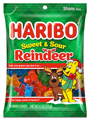 Haribo Sweet & Sour Reindeer. These chewy reindeer head shaped candies feature yellow sour lemon, red sour strawberry, sour orange, green sweet apple, maroon sweet cherry, and blue sweet blueberry. Net WT 4oz.