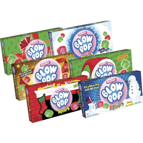 Holiday Blow Pop Minis. This box with festive packaging features bite size pieces of candy with the same taste of classic Blow Pops, but without the stick! These red cherry and green sour apple candies have a bubblegum center. Package includes 1 count box, style of packaging will vary. Net WT 3oz.