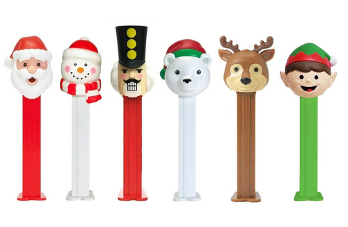 Christmas Character Pez Dispenser. Choose from a variety of Christmas characters, such as Santa, a snowman, a nutcracker, polar bear, reindeer, and elf. Each dispenser comes with 2 - 3 rolls of fruity PEZ candy in fruity flavors, perfect for on-the-go treats or adding to a PEZ collection. Desired character not guaranteed. Package includes 1 pez dispenser. Net WT .58oz.