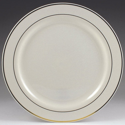Ivory & Gold Dinner Plates! These heavy duty plastic, cream color plates feature gold trim for added style! Package includes 12 count 10.25 inch plates.