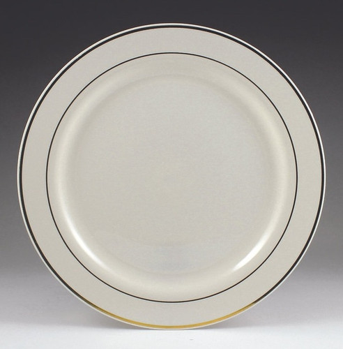 Ivory & Gold Luncheon Plates. These heavy duty plastic, cream color plates feature gold trim for added style! Package includes 12 count 9 inch plates.