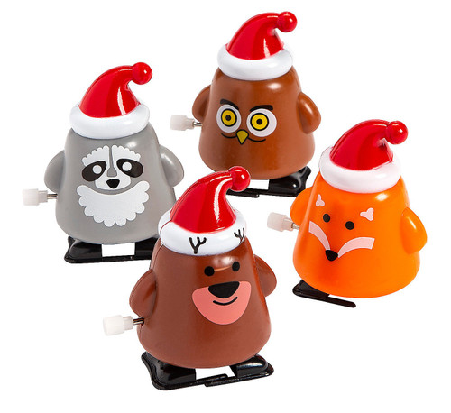 Winter Woodland Animal Wind Up Toy. Available in racoon, owl, deer, or fox, this wind up toy is wearing a tiny red Santa hat and walks on tiny black shoes. Desired character not guaranteed. Package includes 1 count toy, measuring 2.75in.