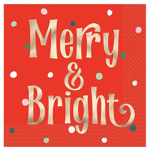 Vintage Christmas Luncheon Napkins. These 2-ply red paper napkins feature white and green dots and "Merry & Bright" in gold foil. Package includes 16 count napkins measuring 6.5in x 6.5in when folded.