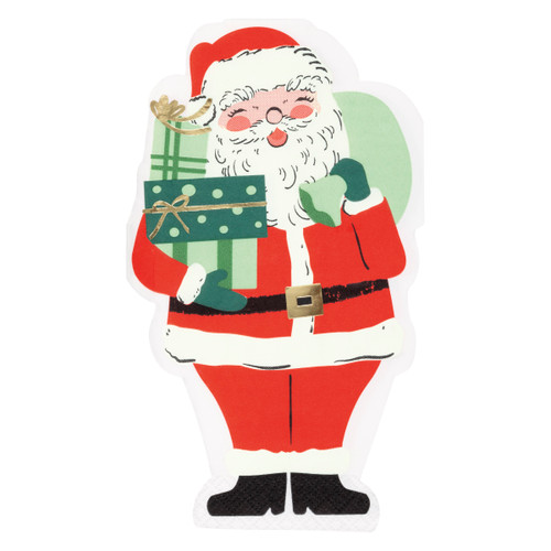 Vintage Christmas Santa Shaped Napkins. These paper napkins feature a Santa holding green presents with gold foil accents. Package includes 16 count napkins.