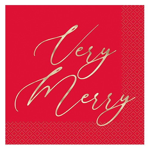 Traditional Christmas Luncheon Napkins. These 2-ply red paper napkins feature "Very Merry" in gold foil script. Package includes 16 count napkins measuring 6.5in x 6.5in when folded.