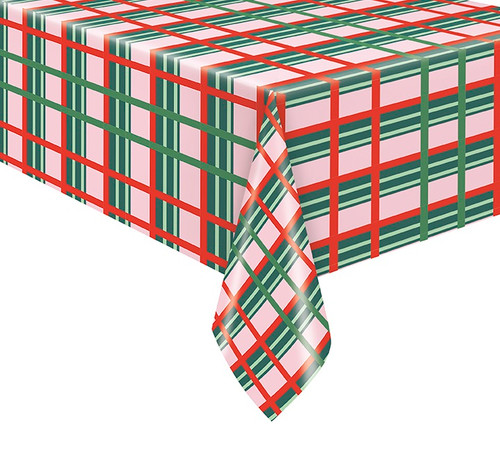 Flannel Back Vintage Christmas Tablecover. This green, red, and pink plaid rectangular tablecover is vinyl with a flannel backed design. Being heavy duty, this tablecover is reusable. Measures 54in x 84in.