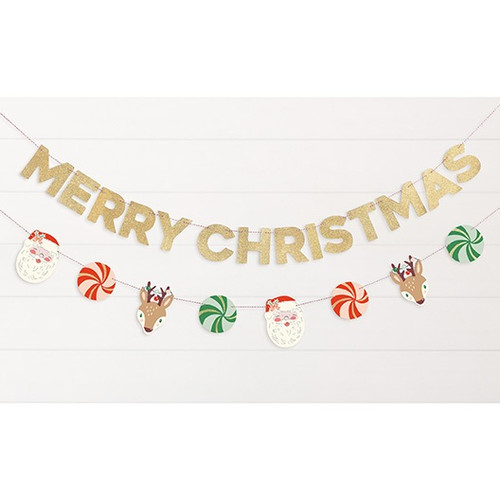 Vintage Christmas Glitter Banner Set. This banner set features a letter banner that spells "MERRY CHRISTMAS" in glittery gold cardstock, and a second banner made of cardstock cutouts of icons such as Santa, candy swirls, and reindeer. Package includes 2 count banners measuring 7ft.