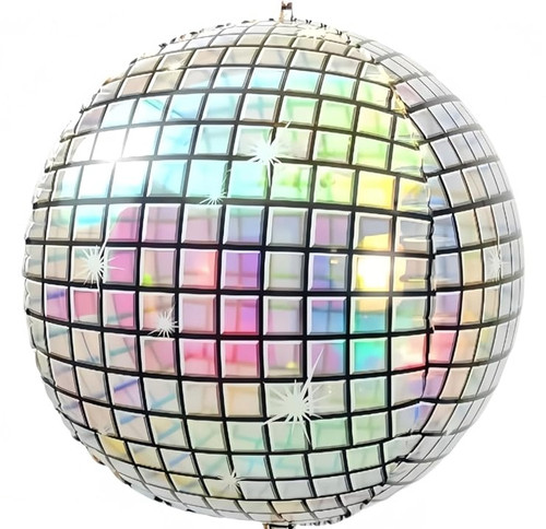 Clear Iridescent Disco Ball Balloon. This spherical, semi clear balloon has an iridescent disco ball design. Balloon is approximately 16 inches after inflation.