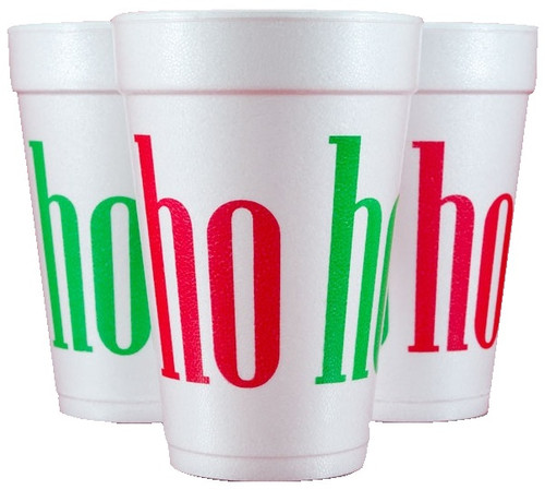 Ho Ho Ho Styrofoam Cups. 16 oz white Styrofoam Cups, featuring the words "ho ho ho" in alternating red and green text. Each sleeve includes 10 durable cups, perfect for hot or cold drinks at your holiday gathering.
