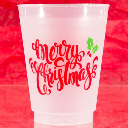 Merry Christmas Script Frosted Plastic Cups. Made from clear frosted plastic, each reusable cup features the words "Merry Christmas" in red script, decorated with a sprig of green holly. Package includes 10 count cups, measuring 16oz.