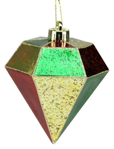 Red Gold & Emerald Antique Finish Diamond Ornament. This large, diamond shaped plastic ornament has sections in red, emerald green, and gold, with an antique finish and gold glitter details. It has a metallic topper with matching hanger. Measures 4.7in.