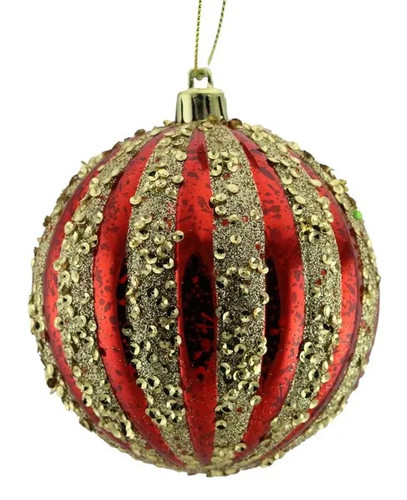 Red & Gold Glitter Sequin Ball Ornament. This plastic ornament features vertical stripes in red with an antique finish and gold with glitter and sequins, as well as an attached gold hanger and matching hanging string. Measures 4in.