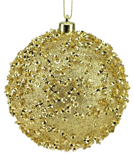 Gold Sequin Glitter Ball Ornament. This plastic ornament features a gold glitter finish covered in tiny gold sequins, as well as an attached gold hanger and matching hanging string. Measures 4in.