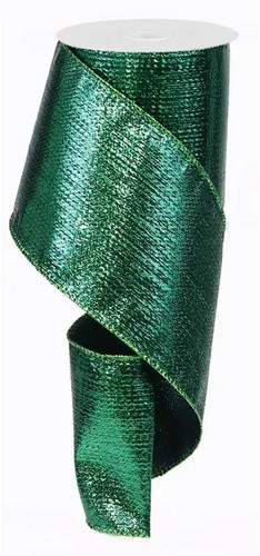 Emerald Green Metallic Ribbon. This part metallic part polyester ribbon is a shimmery green. Measures 4in x 10yds.