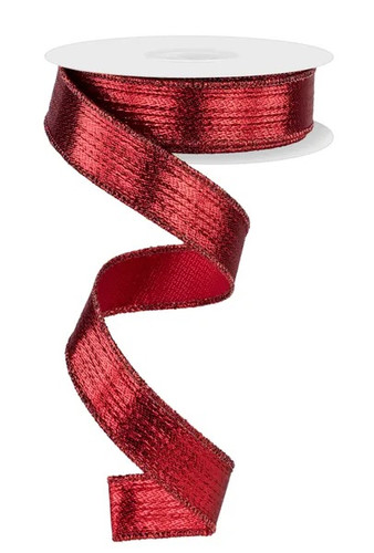 Red Metallic Ribbon. This part metallic part polyester ribbon has a shimmery red finish with matching tinsel borders. Measures 7/8in x 10yds.