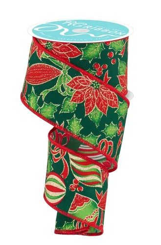 Poinsettia & Ornaments Ribbon. This green polyester ribbon features red poinsettias and ornaments accented with gold glitter, along with red borders. Measures 2.5in x 10yds.