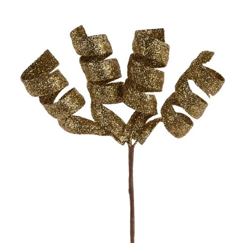 Gold Glittered Curl Pick. This pick features a sparkling glitter finish with 4 branching curl shapes. Measures 11in.
