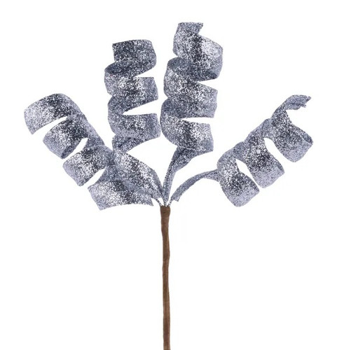 Silver Glittered Curl Pick. This pick features a sparkling glitter finish with 4 branching curl shapes. Measures 11in.