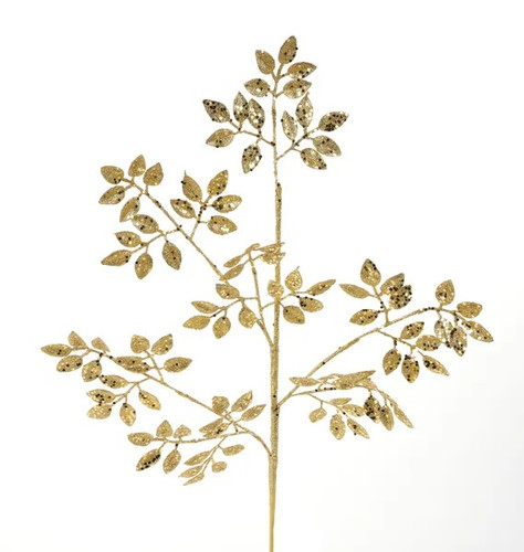Gold Glittered Leaf Spray. This plastic spray features branches with leaves with a gold glitter finish. Measures 28in.