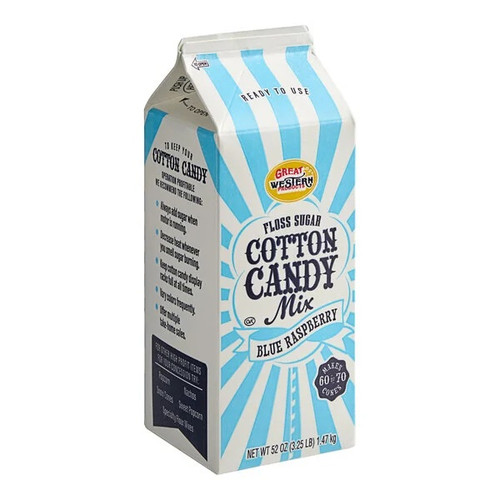 1/2 Gallon Cotton Candy Floss Sugar - Blue Raspberry. This premixed blend of sugar, raspberry flavor, and blue coloring is ready to use in a cotton candy machine. Makes 60 - 70 count cones of cotton candy. Cones not included. Net WT 52 oz.