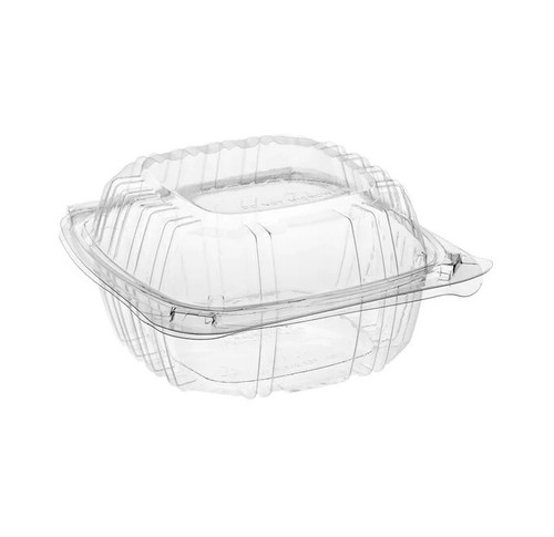 Plastic Clamshell Containers - closed. These clear plastic containers with a hinged design are perfect for storing leftover meals, desserts, and buffet items. Package includes 10 count containers measuring 6in x 6in x 3in.