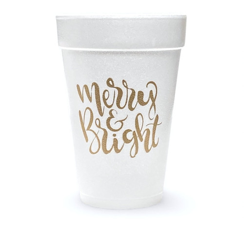 Merry and Bright Styrofoam Cups. 16 oz white Styrofoam Cups, featuring the words "Merry & Bright" in gold script. Each sleeve includes 25 durable cups.
