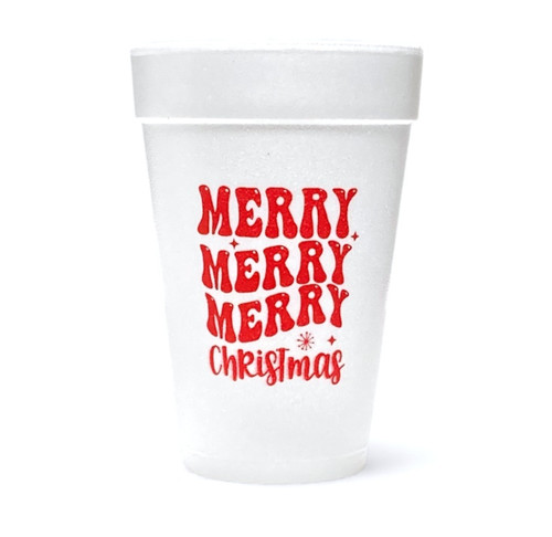 Merry Merry Merry Christmas Styrofoam Cups. 16 oz white Styrofoam Cups, featuring the words "Merry Merry Merry Christmas" in red text. Each sleeve includes 25 durable cups.